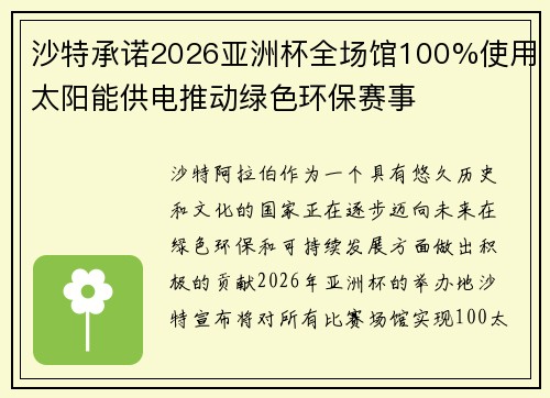 沙特承诺2026亚洲杯全场馆100%使用太阳能供电推动绿色环保赛事